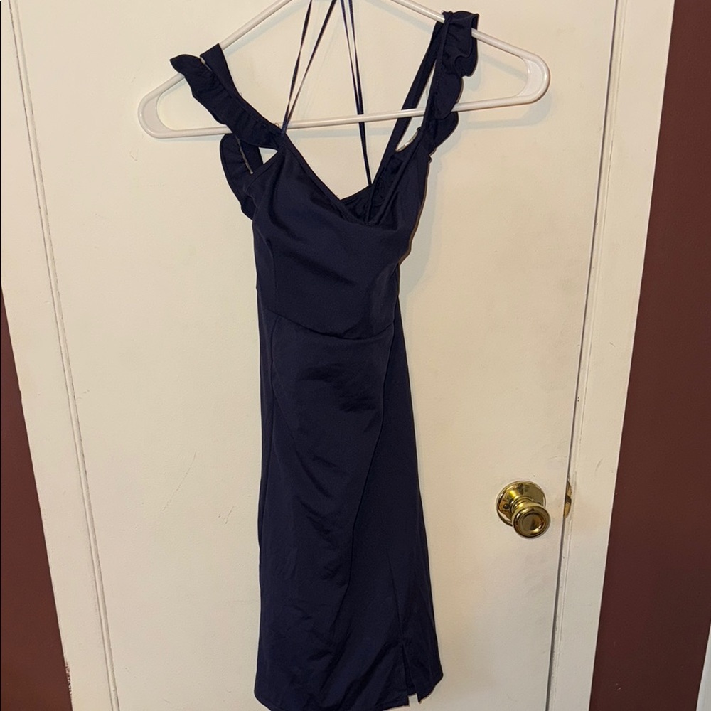 Elegant Navy Blue Swim Ruffle Dress (cross back)